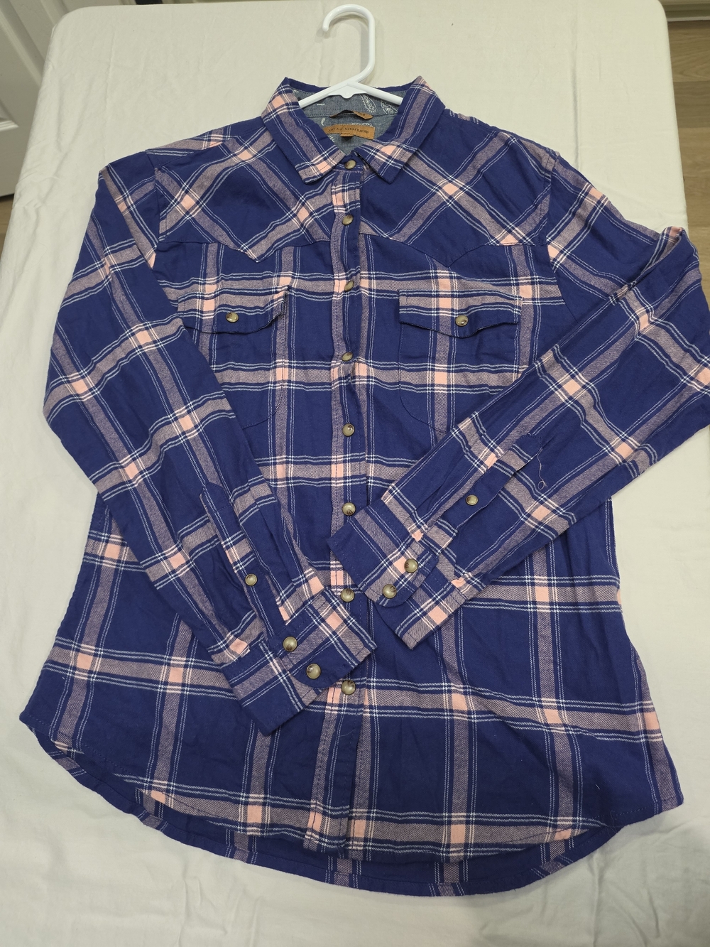 Snap Up Navy Blue and Light Pink Plaid Shirt